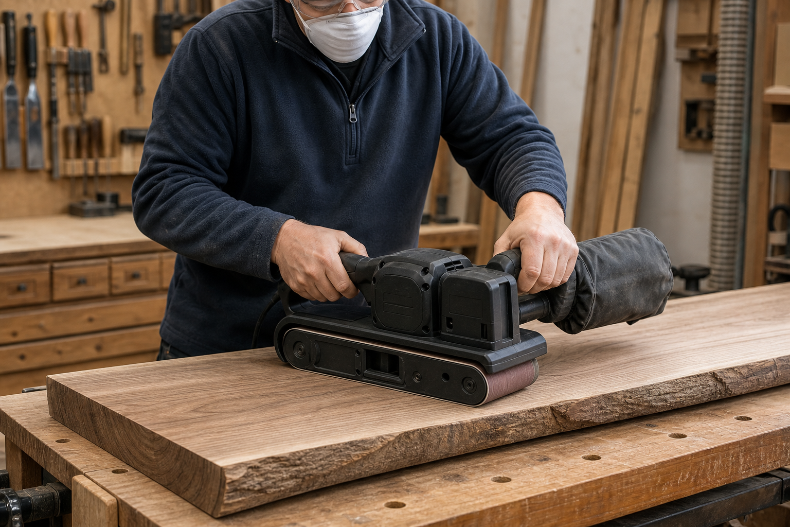 Uso seguro de una lijadora de banda sobre madera